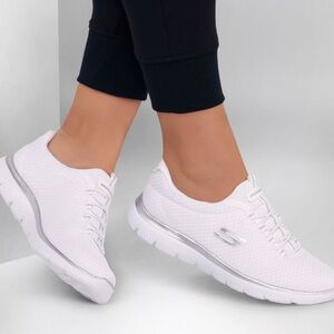 Skechers Women’s Summits Sneaker Memory Foam Slip-On White/Silver Walking Shoe